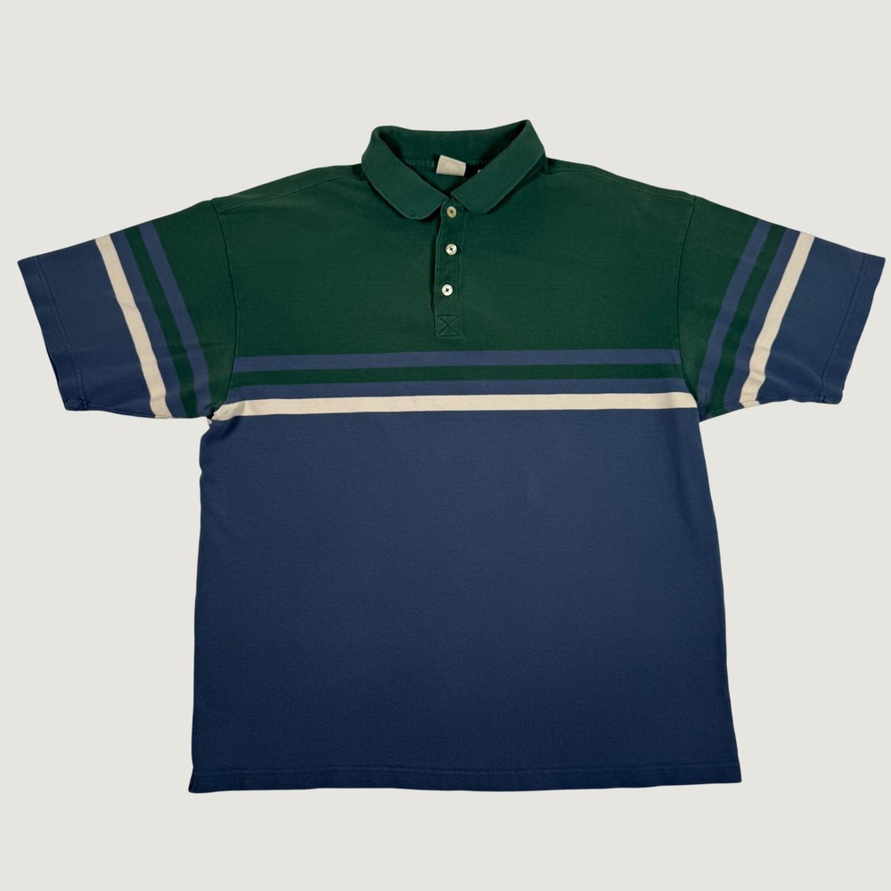 Vintage Gap Mens Large Polo Shirt Green Navy Blue Striped Colorblock Cotton